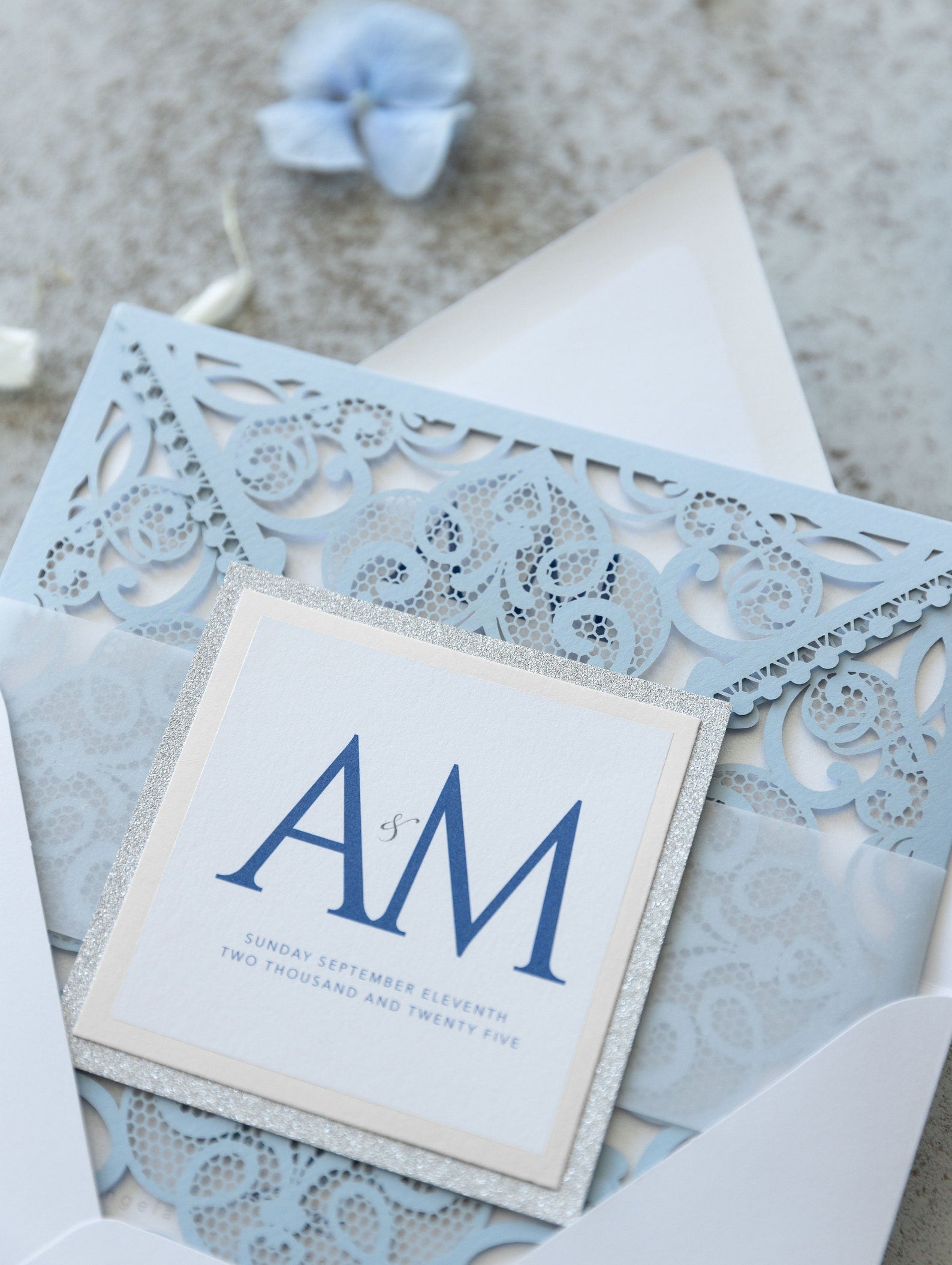 Blue Square Wedding Invitations with White Insert and Silver Glitter