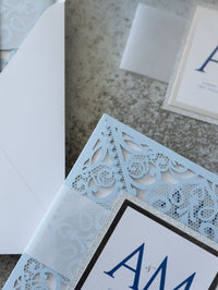 Blue Square Wedding Invitations with White Insert and Silver Glitter