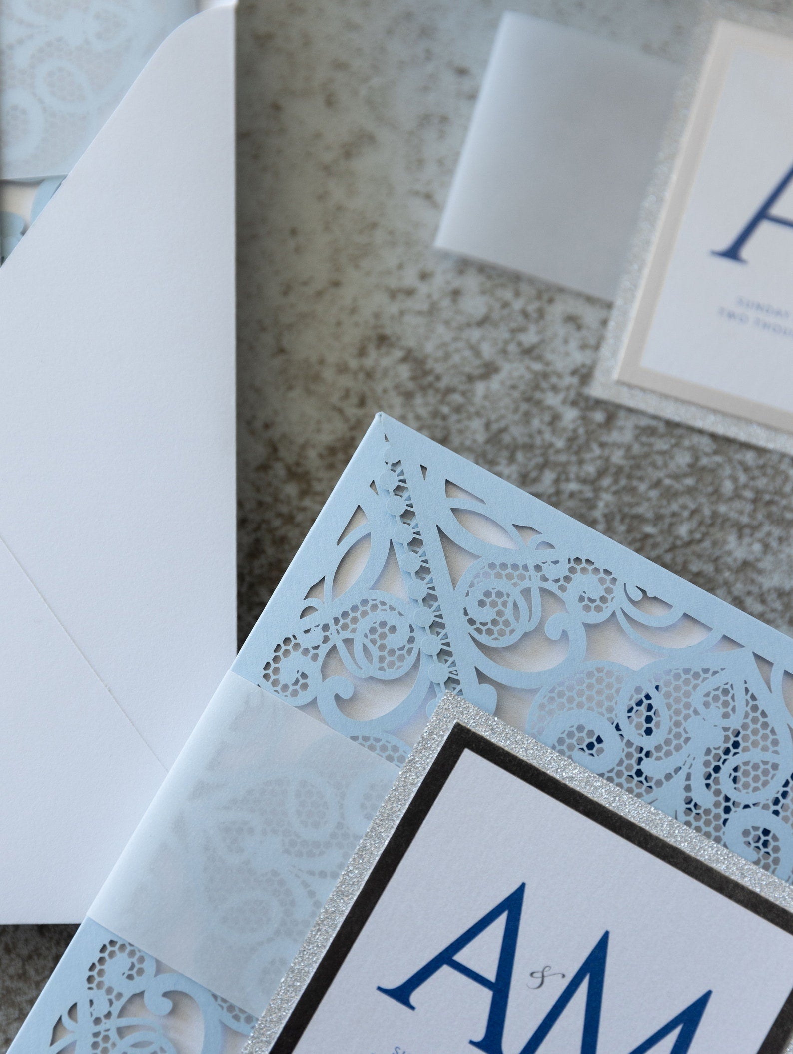 Blue Square Wedding Invitations with White Insert and Silver Glitter