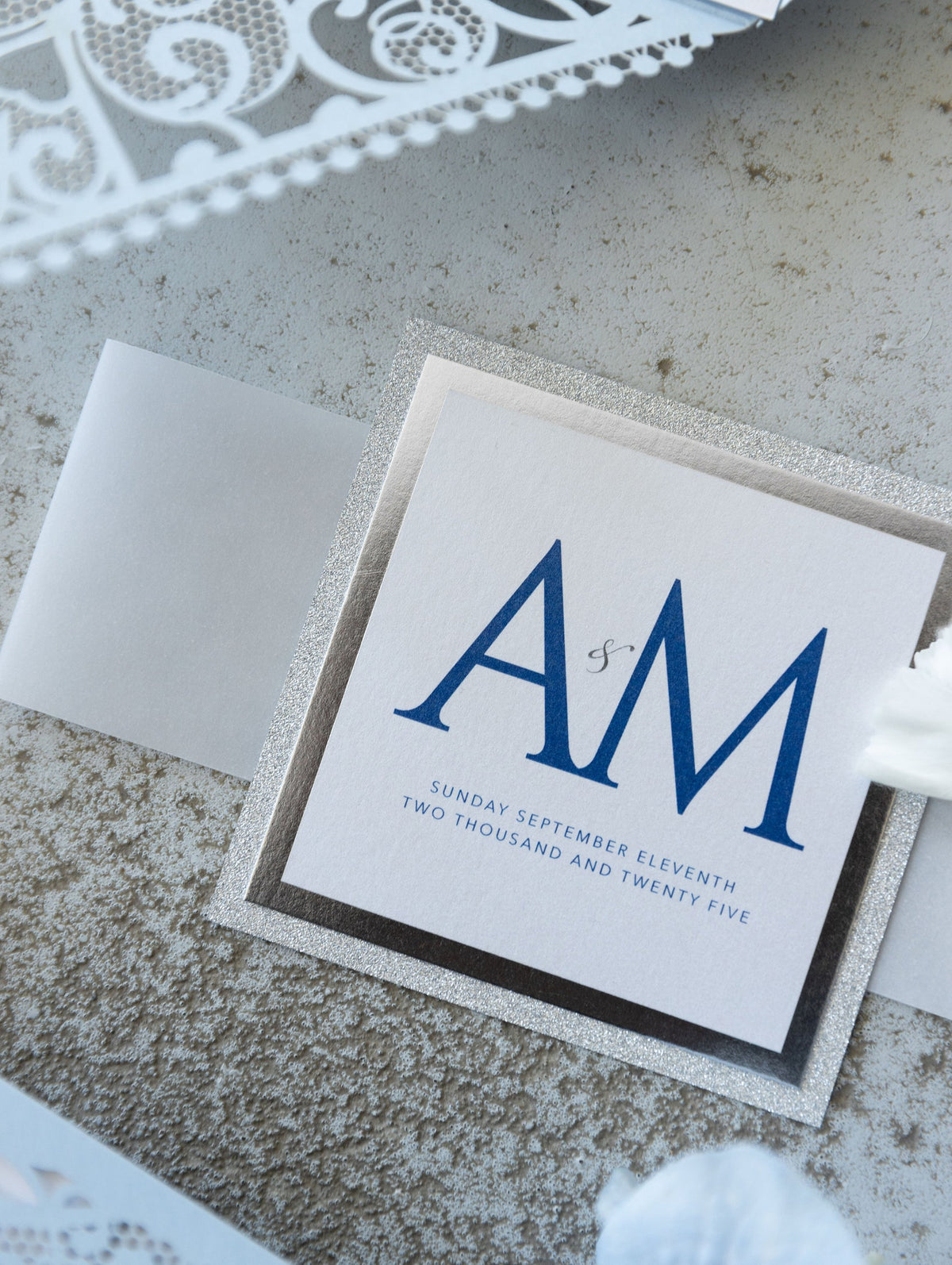 Blue Square Wedding Invitations with White Insert and Silver Glitter