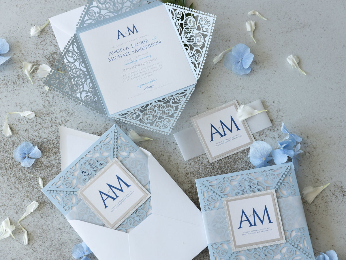 Blue Square Wedding Invitations with White Insert and Silver Glitter