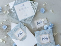 Blue Square Wedding Invitations with White Insert and Silver Glitter