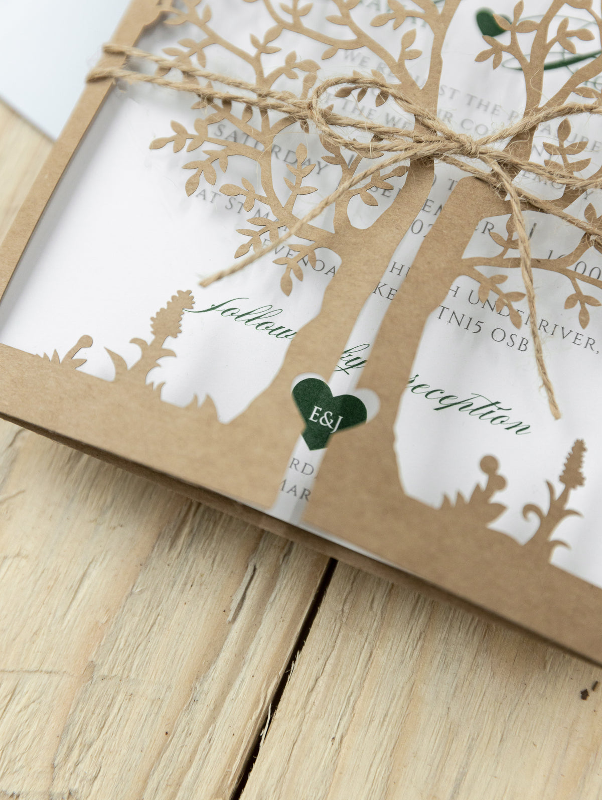 Rustical Gatefold Wedding Invitations Laser Cut Tree Eco Paper & Jute String