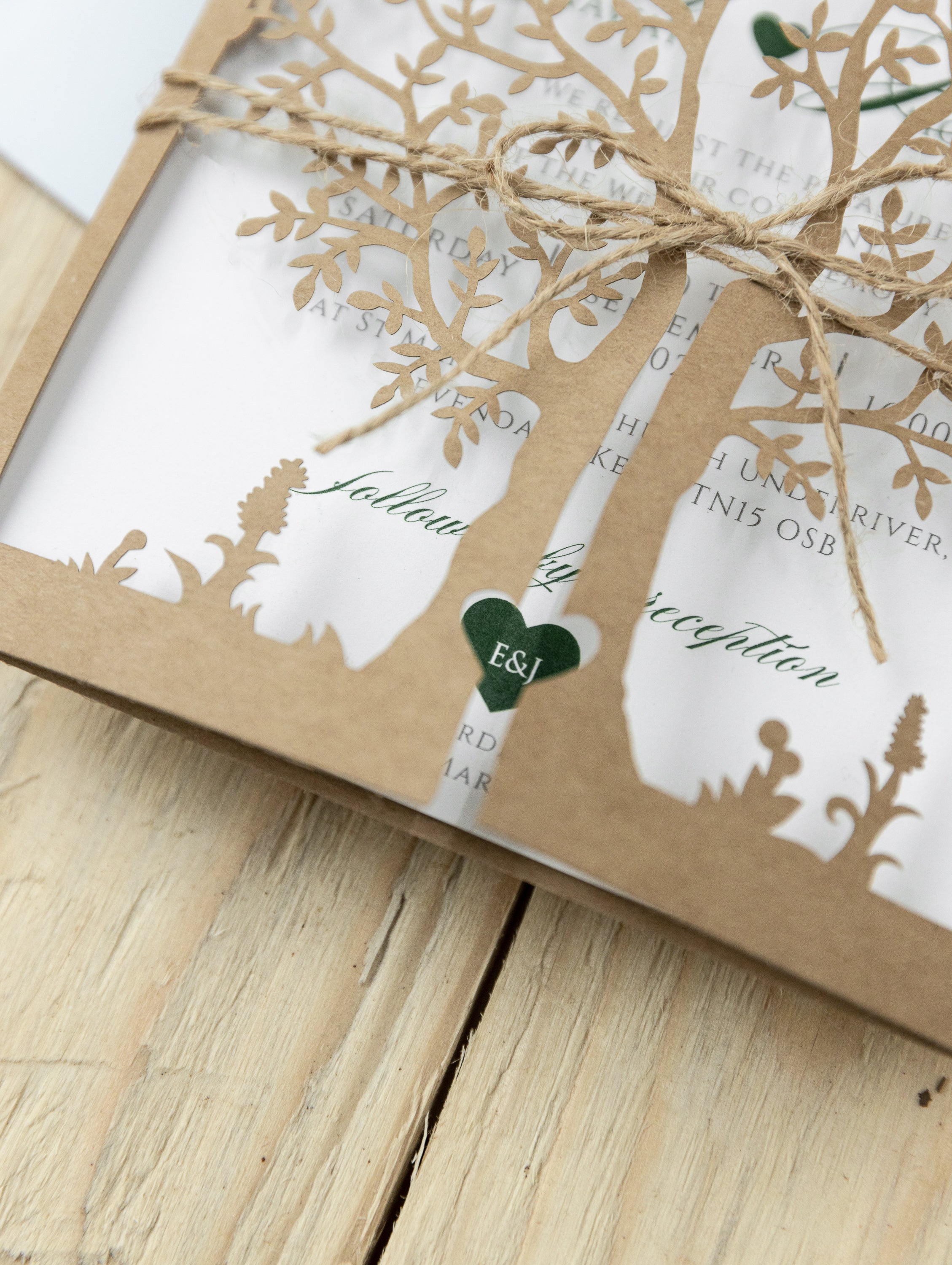 Rustical Gatefold Wedding Invitations Laser Cut Tree Eco Paper & Jute String