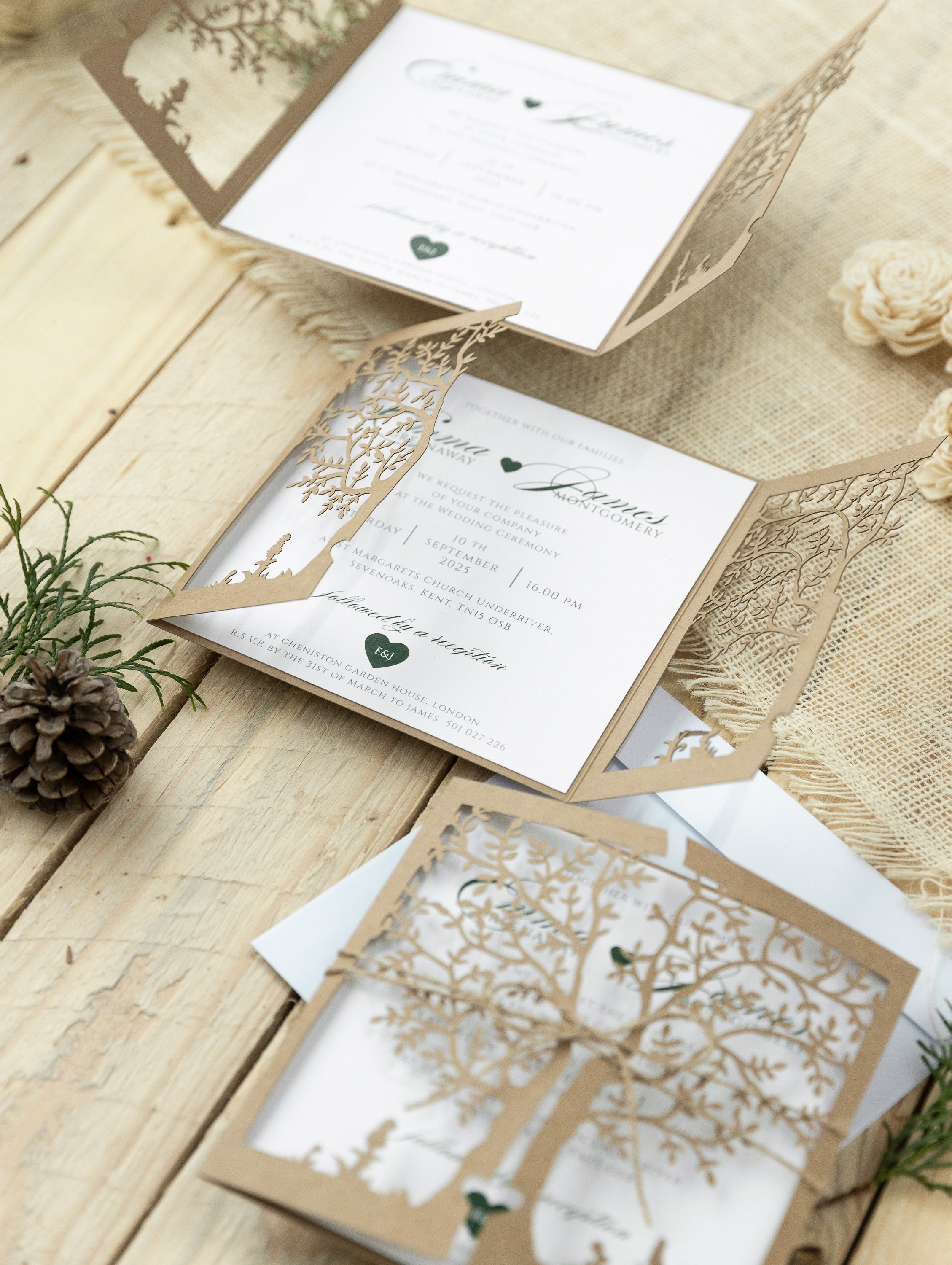 Rustical Gatefold Wedding Invitations Laser Cut Tree Eco Paper & Jute String