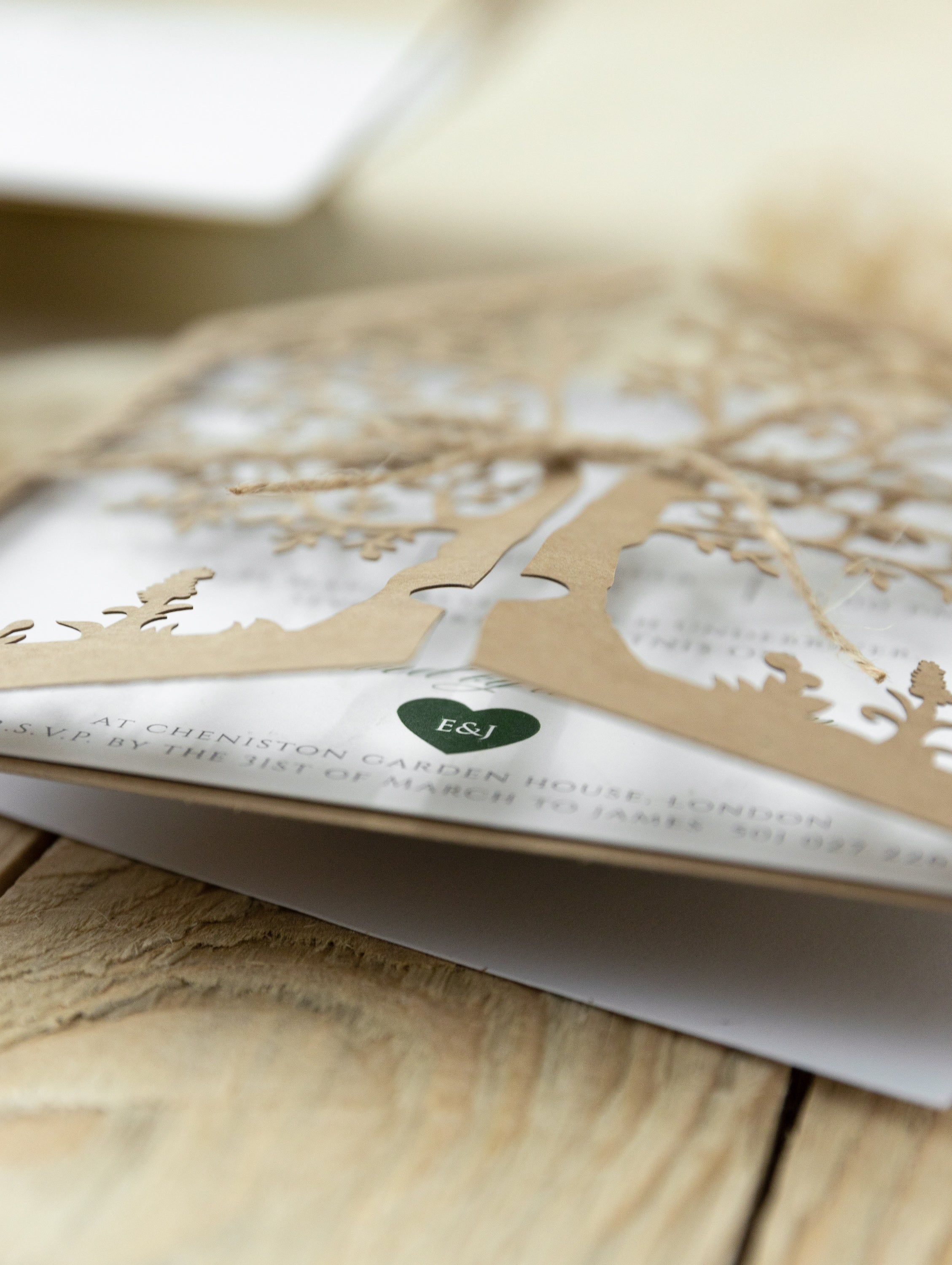 Rustical Gatefold Wedding Invitations Laser Cut Tree Eco Paper & Jute String
