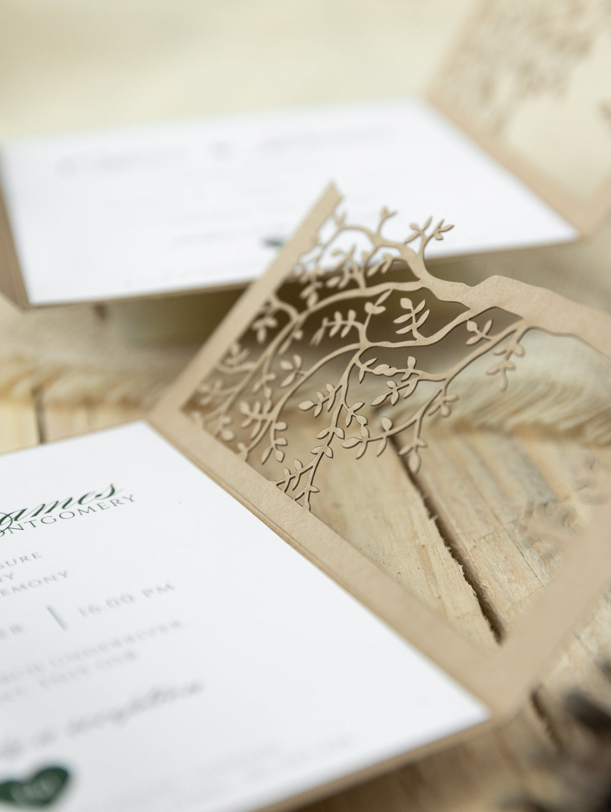Rustical Gatefold Wedding Invitations Laser Cut Tree Eco Paper & Jute String