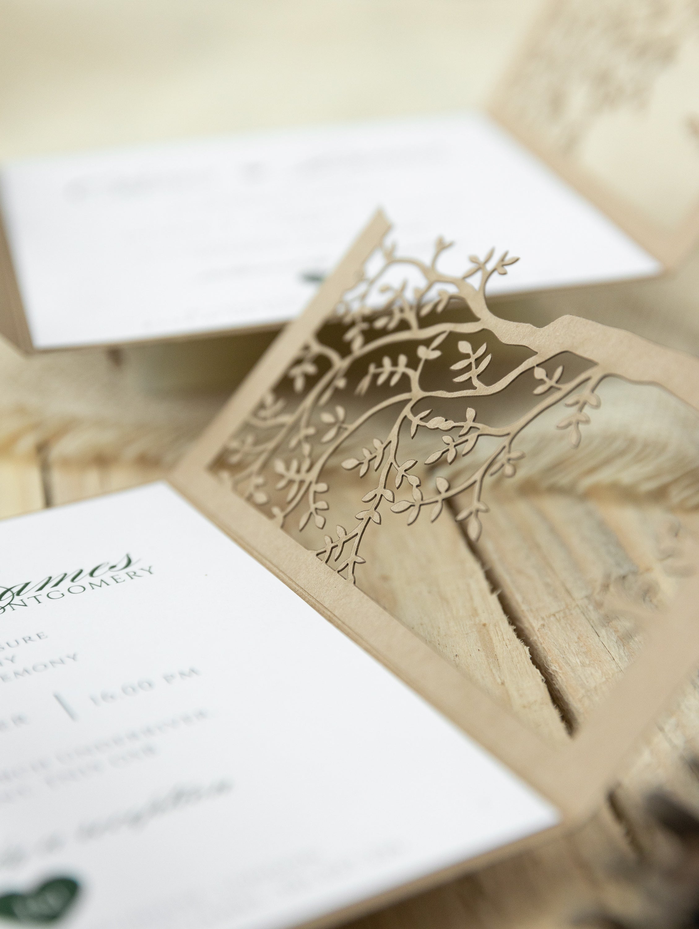 Rustical Gatefold Wedding Invitations Laser Cut Tree Eco Paper & Jute String