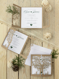 Rustical Gatefold Wedding Invitations Laser Cut Tree Eco Paper & Jute String