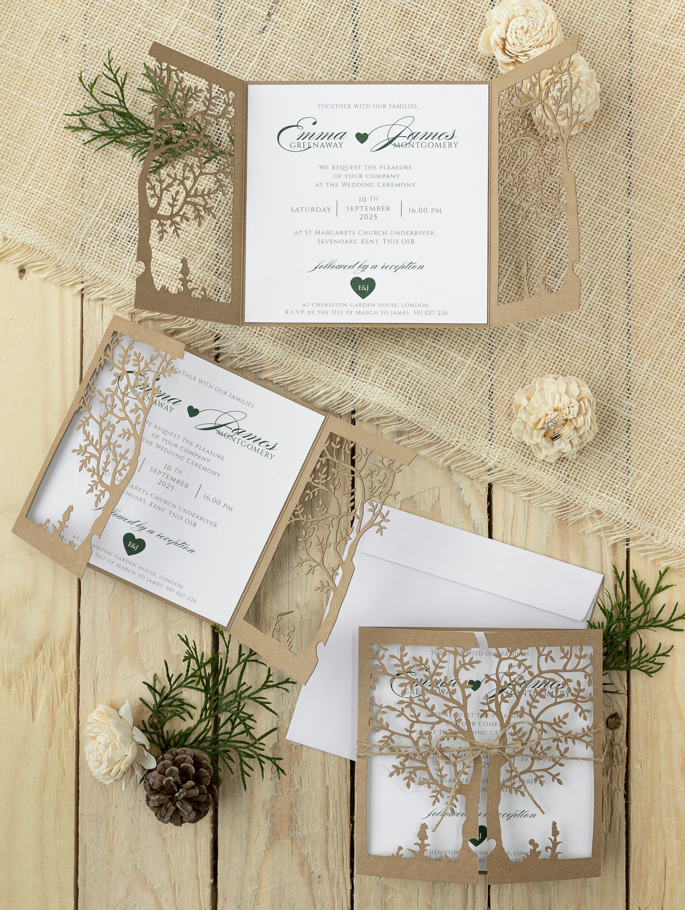 Rustical Gatefold Wedding Invitations Laser Cut Tree Eco Paper & Jute String