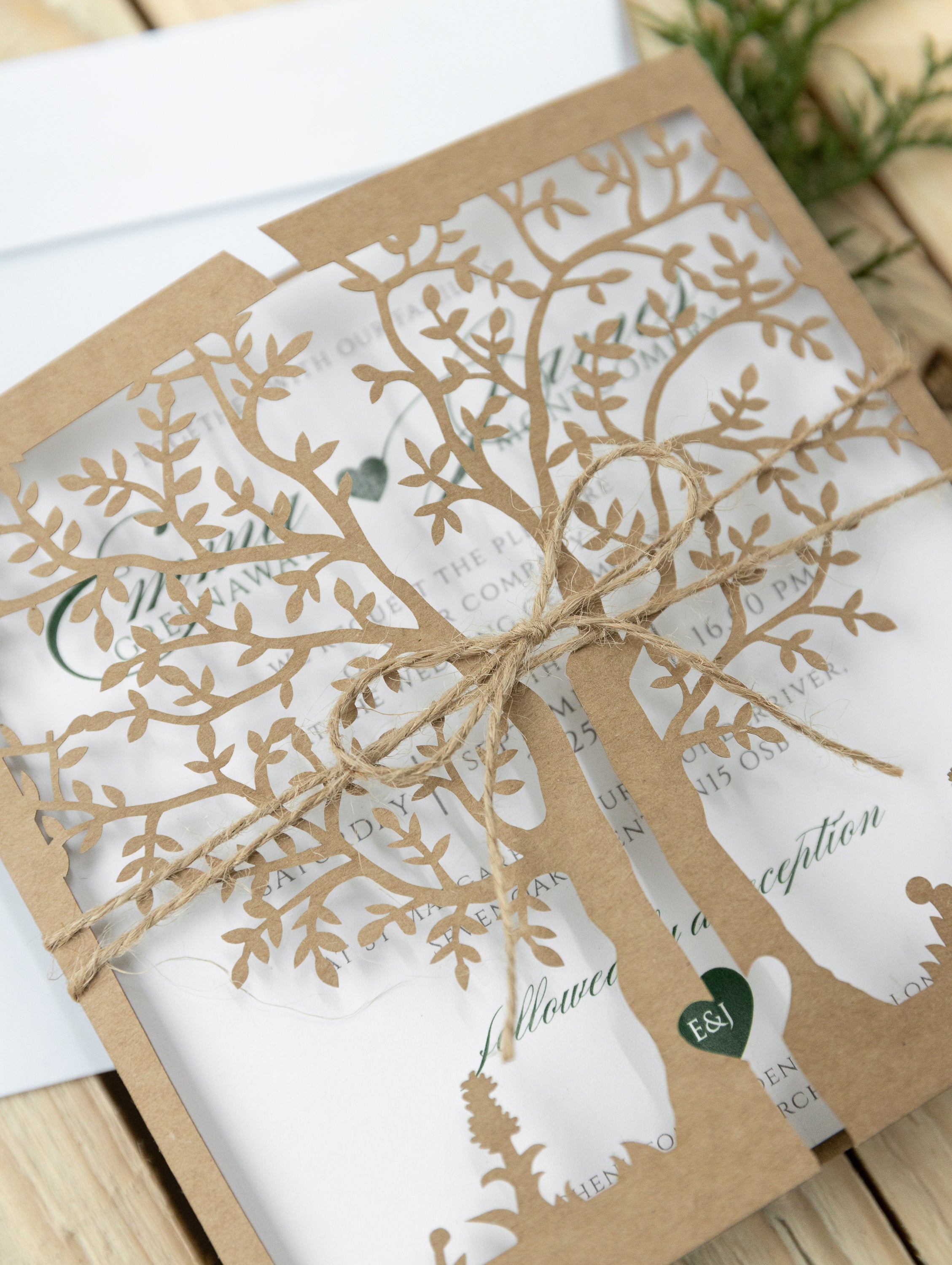 Rustical Gatefold Wedding Invitations Laser Cut Tree Eco Paper & Jute String