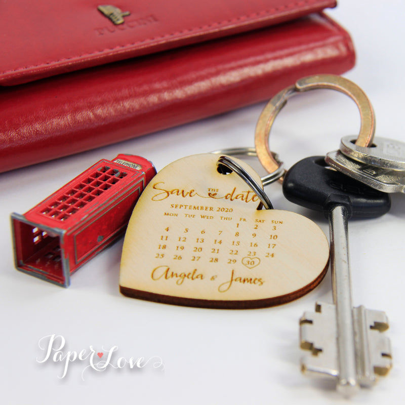 Personalised Wooden Save the Date Wedding Keyring