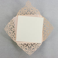 Peach Elegant Lace Square Wedding Invitations with Rose Gold foil and Gold Glitter