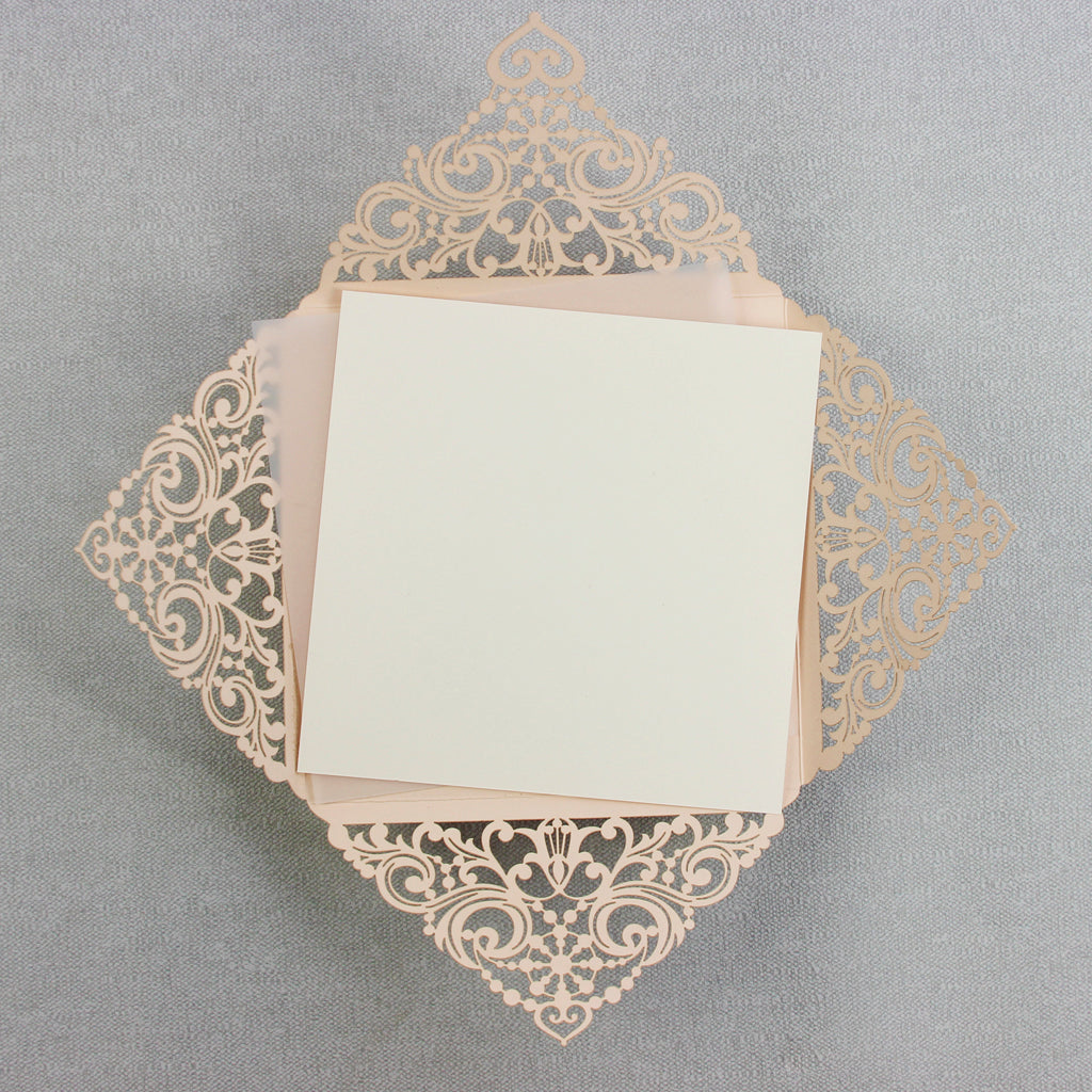 Peach Elegant Lace Square Wedding Invitations with Rose Gold foil and Gold Glitter