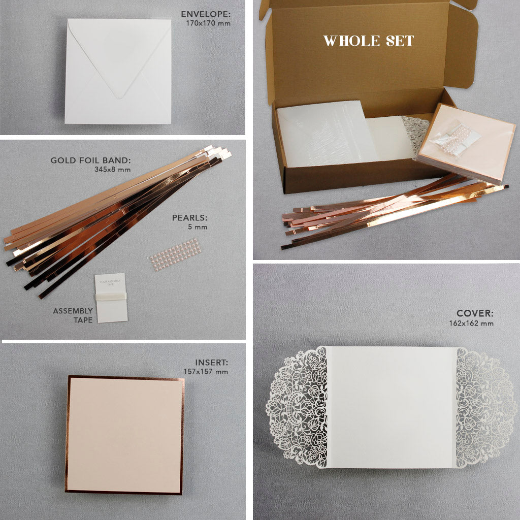 Square Gatefold Elegant Lace Invitations with Rose Gold Foil Border