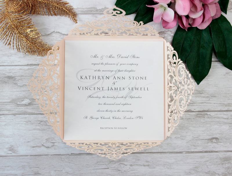 Peach Elegant Lace Square Wedding Invitations with Rose Gold foil and Gold Glitter