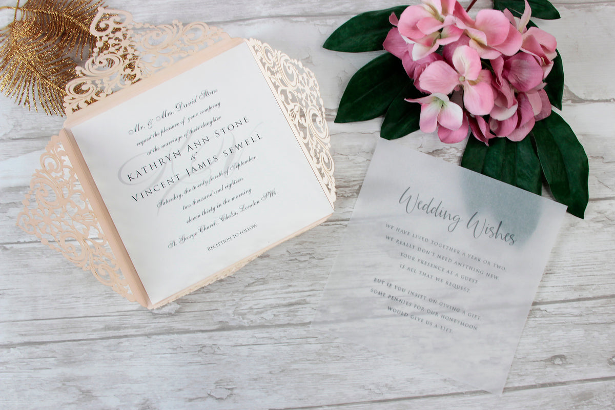 Peach Elegant Lace Square Wedding Invitations with Rose Gold foil and Gold Glitter