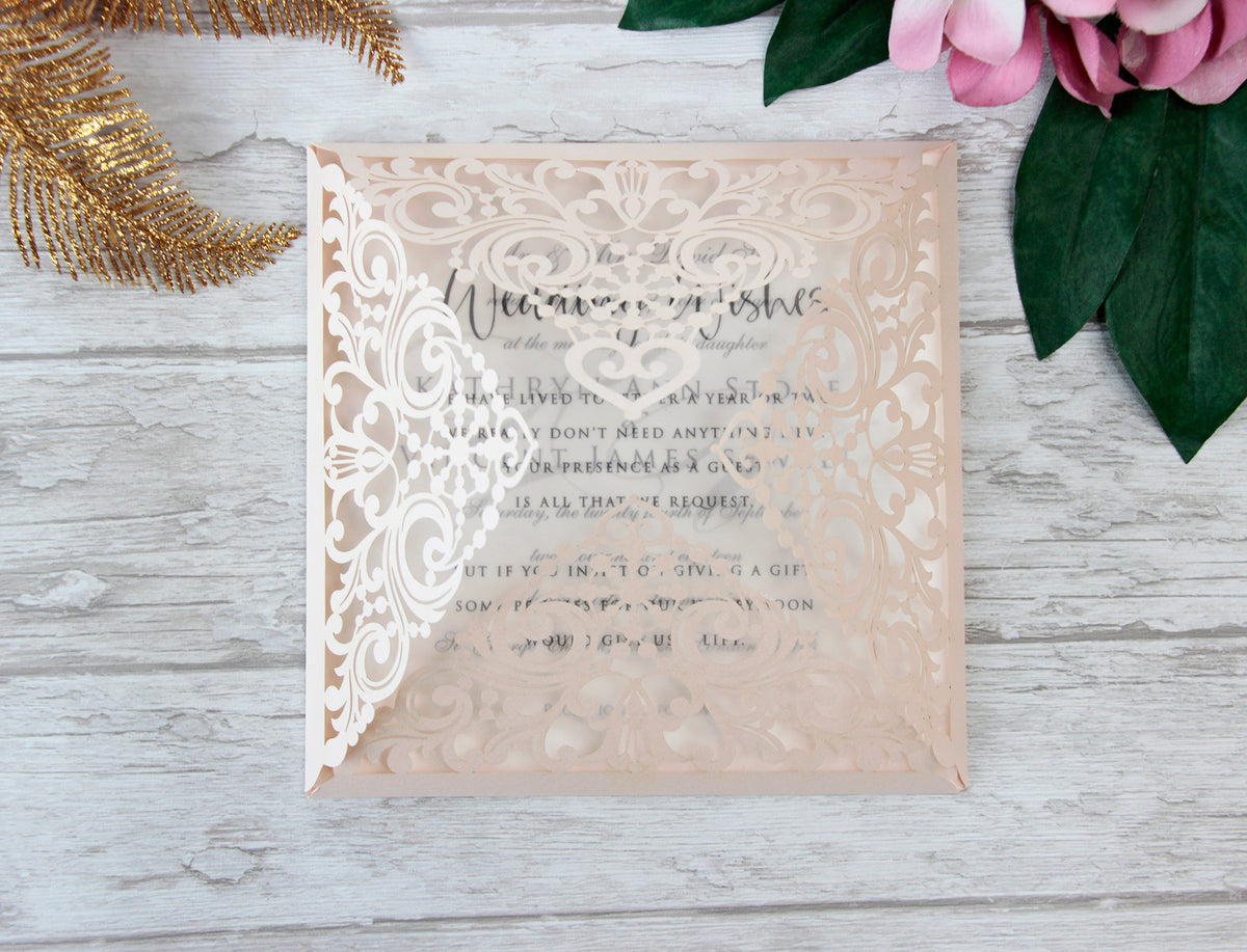 Peach Elegant Lace Square Wedding Invitations with Rose Gold foil and Gold Glitter