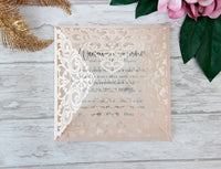Peach Elegant Lace Square Wedding Invitations with Rose Gold foil and Gold Glitter