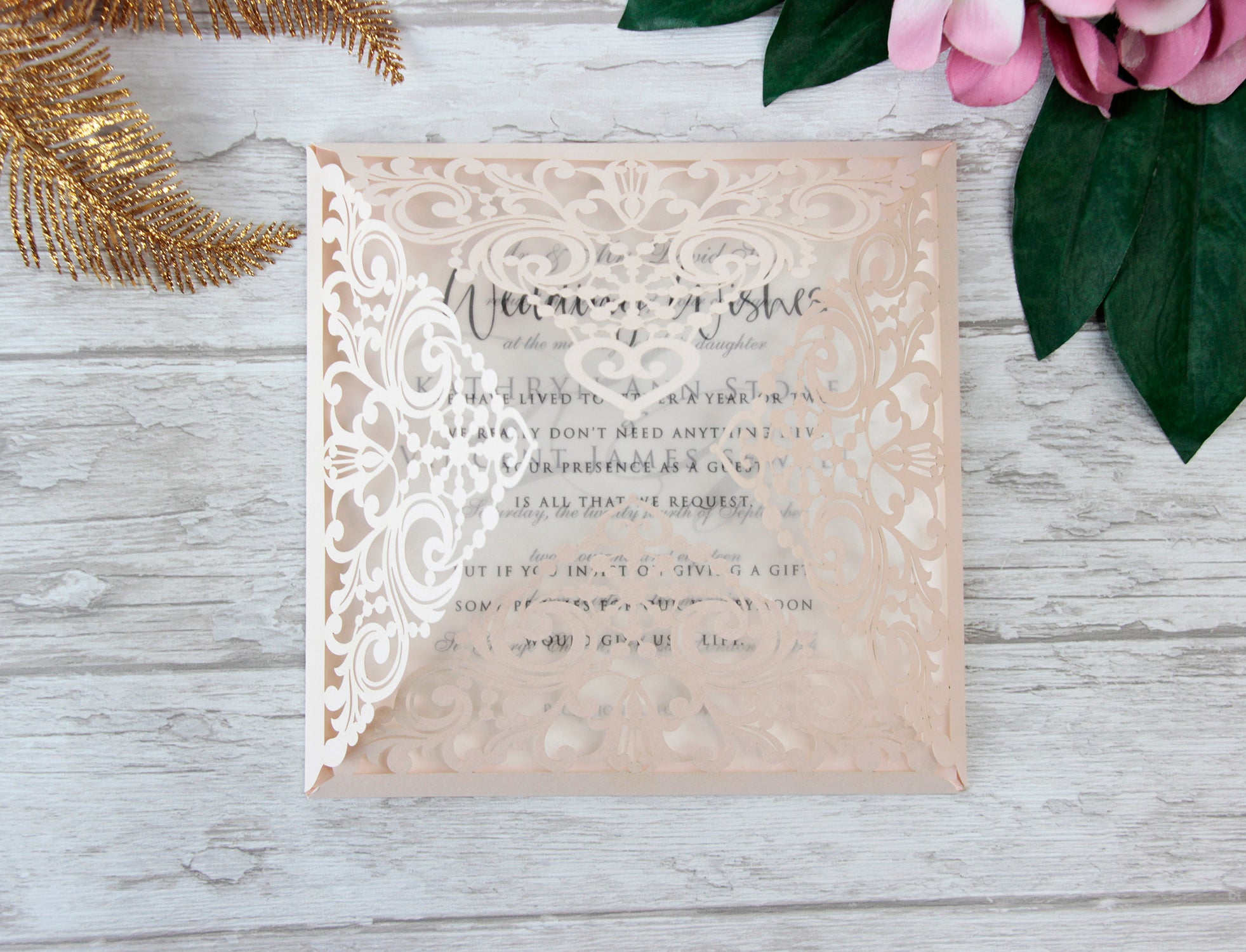 Peach Elegant Lace Square Wedding Invitations with Rose Gold foil and Gold Glitter