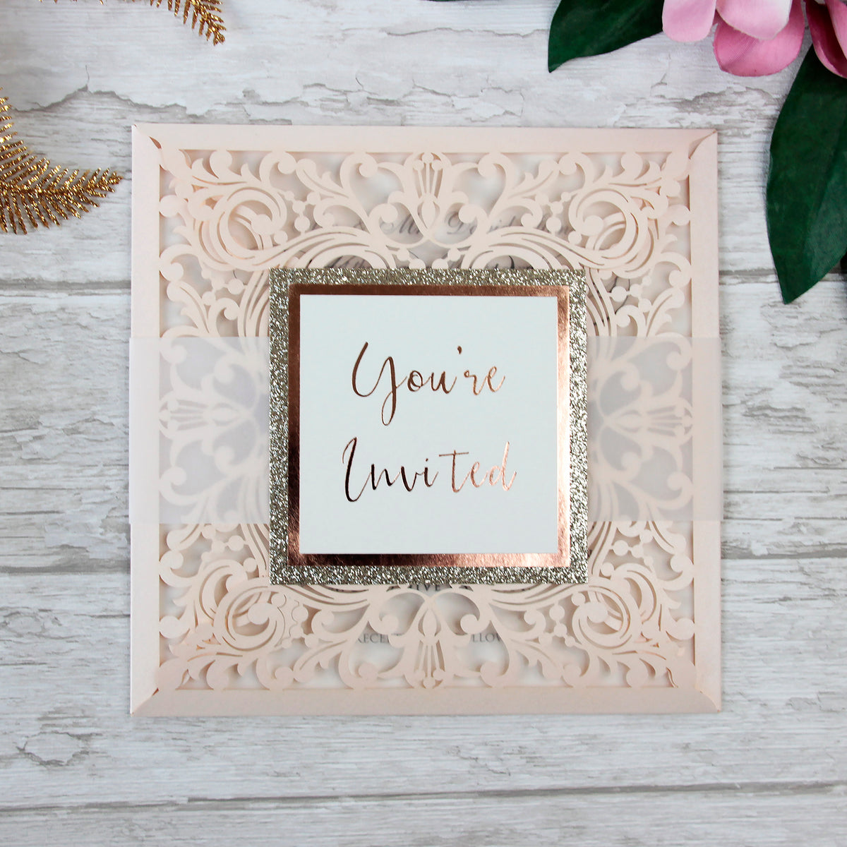 Peach Elegant Lace Square Wedding Invitations with Rose Gold foil and Gold Glitter