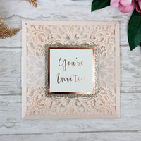 Peach Elegant Lace Square Wedding Invitations with Rose Gold foil and Gold Glitter