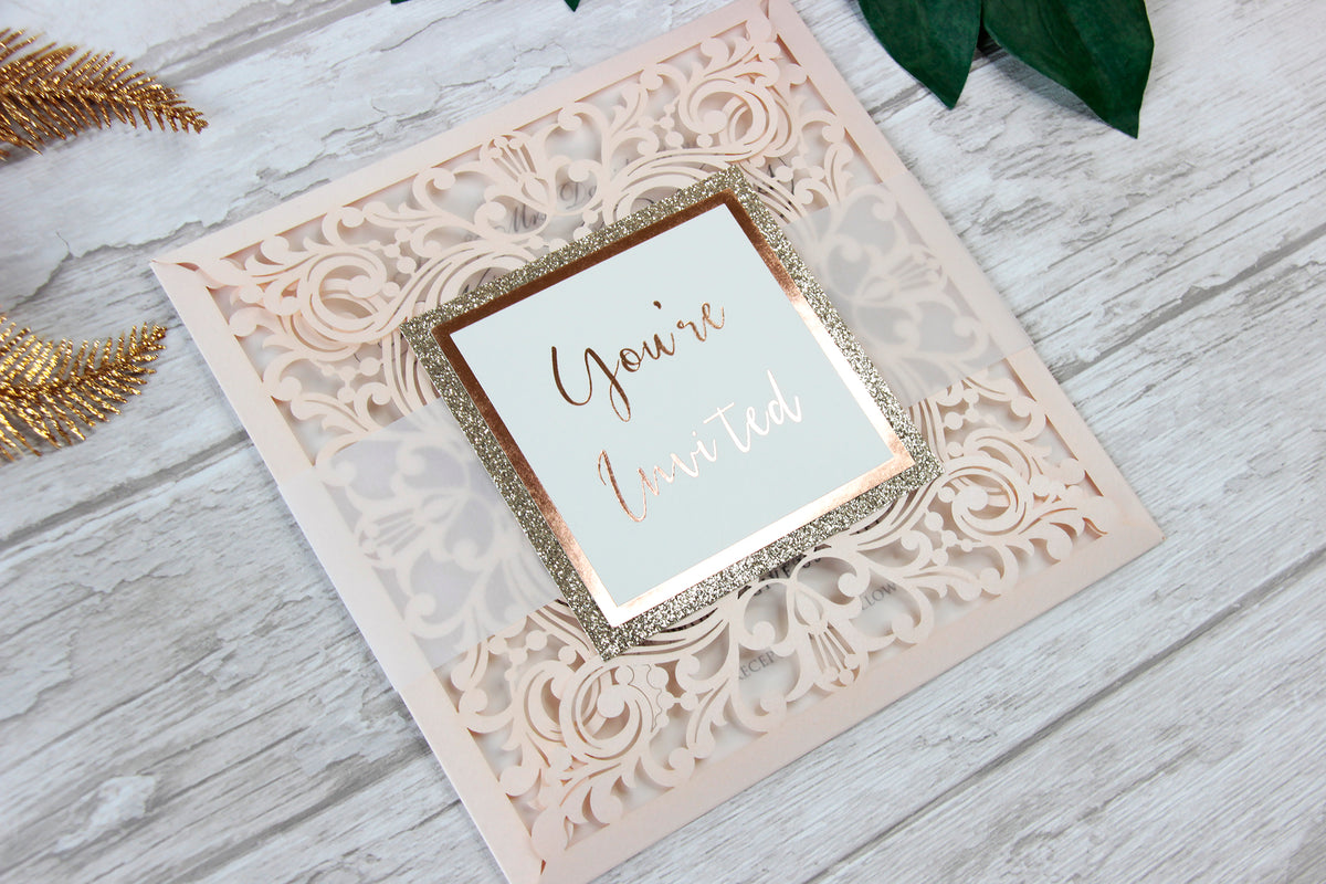Peach Elegant Lace Square Wedding Invitations with Rose Gold foil and Gold Glitter