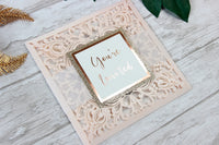 Peach Elegant Lace Square Wedding Invitations with Rose Gold foil and Gold Glitter