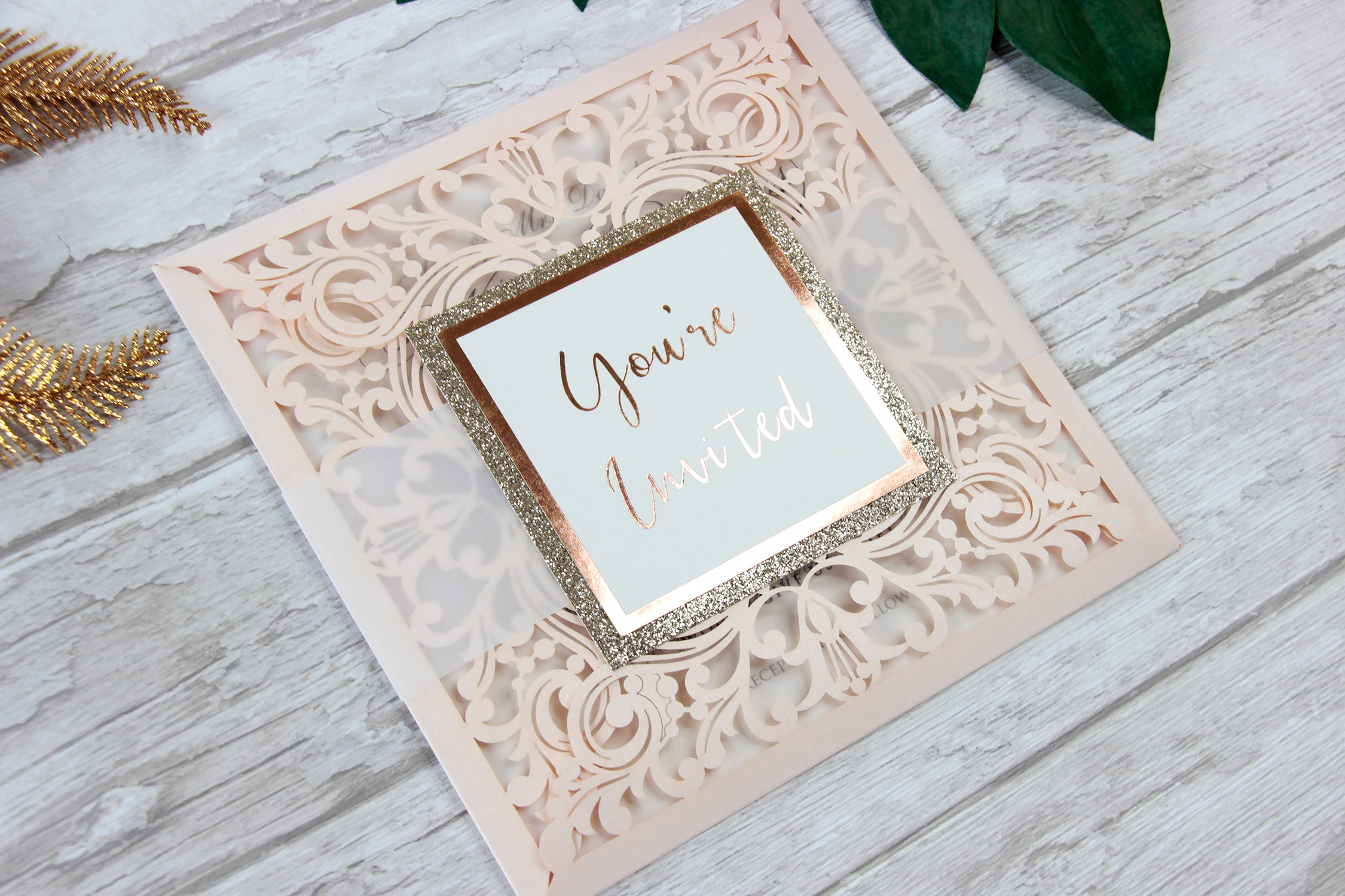 Peach Elegant Lace Square Wedding Invitations with Rose Gold foil and Gold Glitter