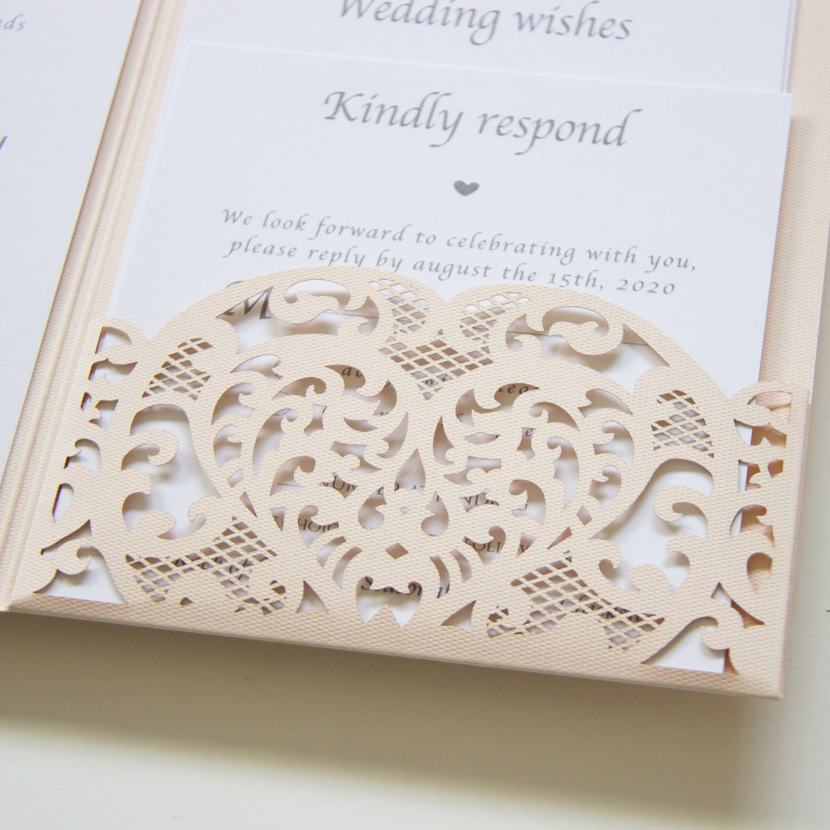 Peach Pocketfold Elegant Lace Floral Wedding Invitations