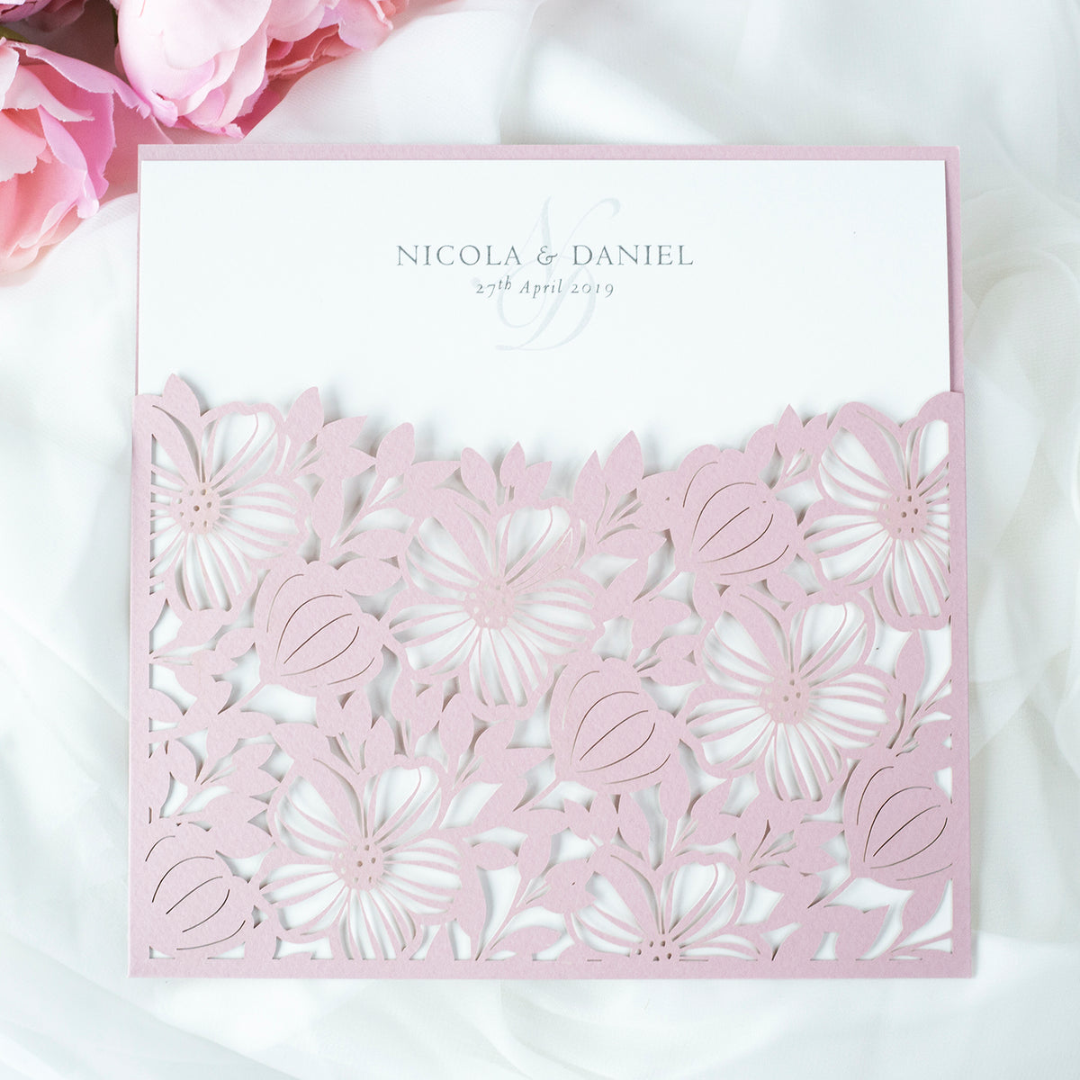 Elegant Floral Square Lace Misty Rose Wedding Invitations with Envelopes DIY Invitation Cards Kit Laser Cut Set