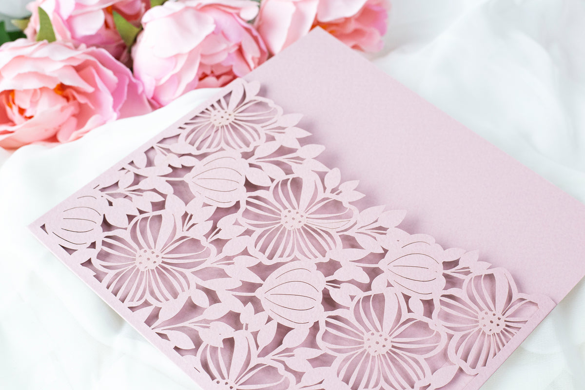 Elegant Floral Square Lace Misty Rose Wedding Invitations with Envelopes DIY Invitation Cards Kit Laser Cut Set