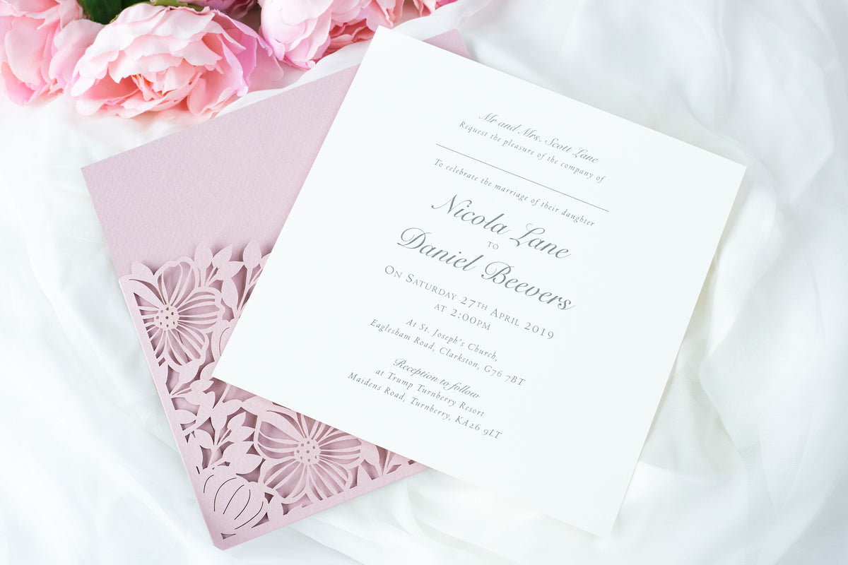 Elegant Floral Square Lace Misty Rose Wedding Invitations with Envelopes DIY Invitation Cards Kit Laser Cut Set