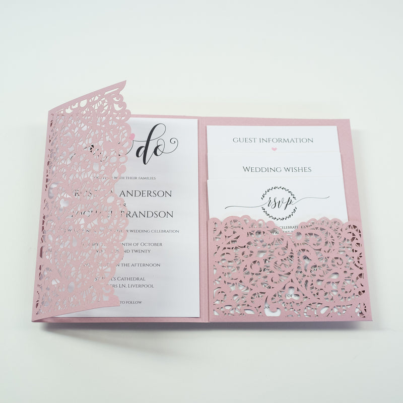 Pink Rose Pocketfold Lace Floral Wedding Invitations