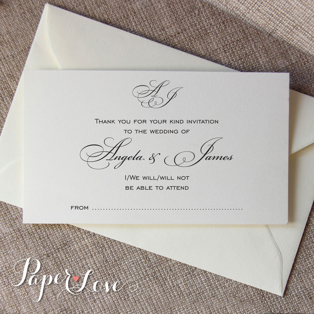 Beautiful White or Cream Wedding Reply Card  With Matching Envelope, RSVP