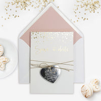 Save the Date Magnet Foil Pressed Confetti Design Mirror Heart Engraved