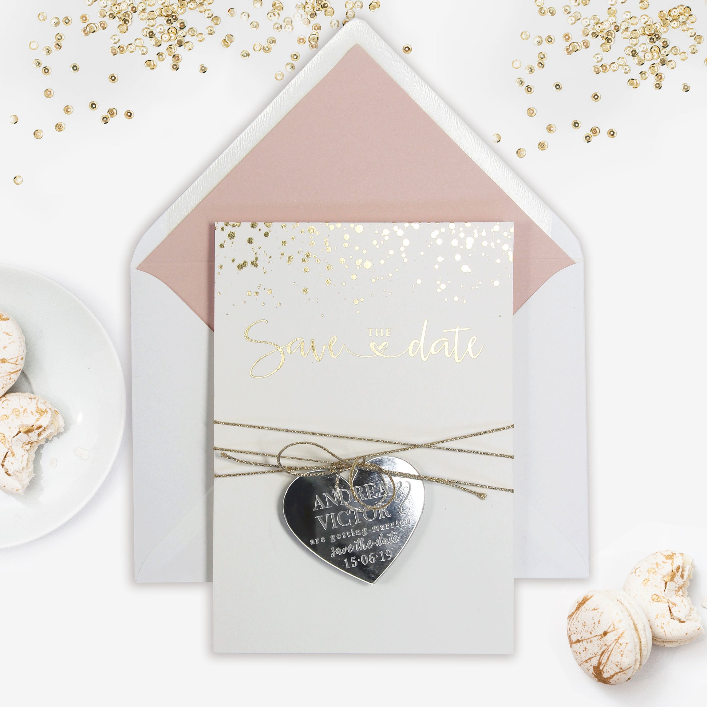Save the Date Magnet Foil Pressed Confetti Design Mirror Heart Engraved