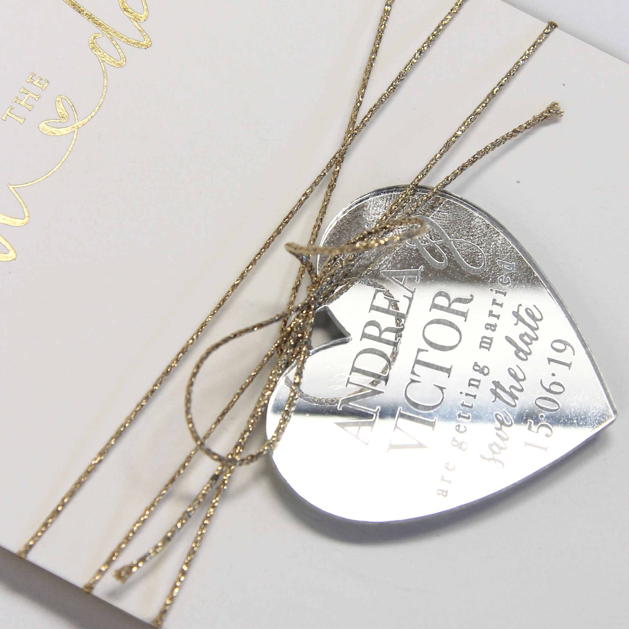 Save the Date Magnet Foil Pressed Confetti Design Mirror Heart Engraved