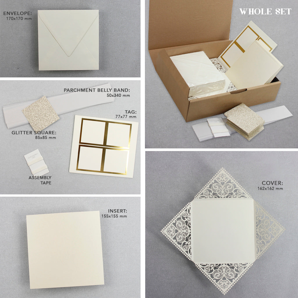 Cream Square Laser Cut Wedding Invitations with Cream Insert and Gold Glitter