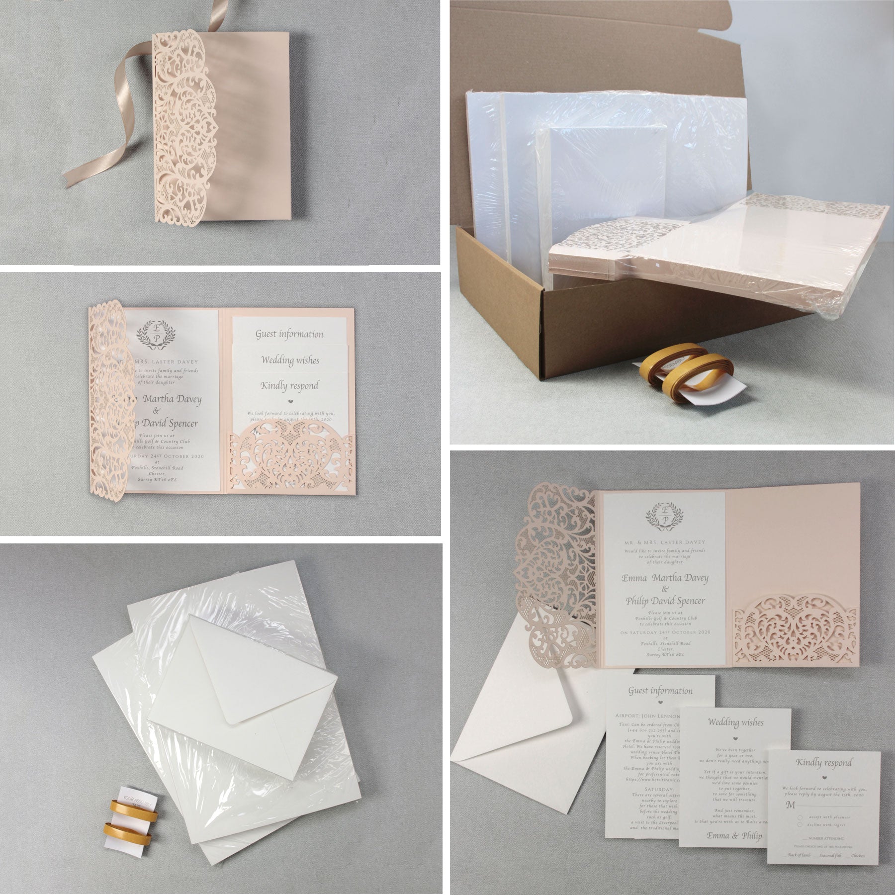 Peach Pocketfold Elegant Lace Floral Wedding Invitations