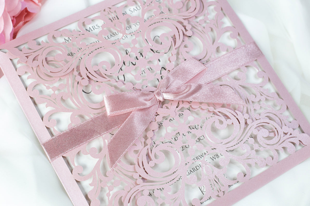Lace Misty Rose Square Elegant Wedding Invitations with Ribbon