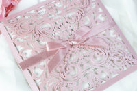 Lace Misty Rose Square Elegant Wedding Invitations with Ribbon
