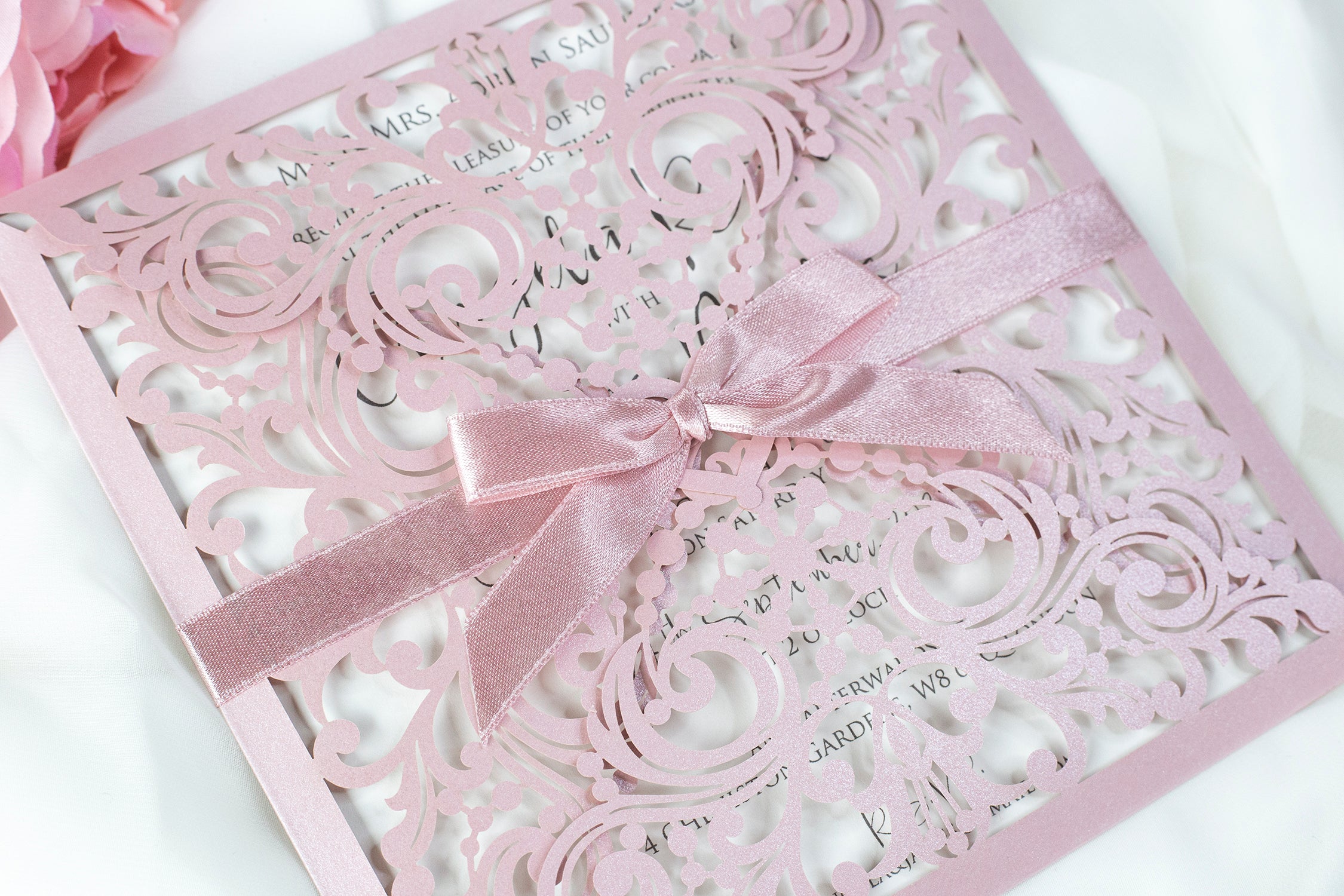 Lace Misty Rose Square Elegant Wedding Invitations with Ribbon