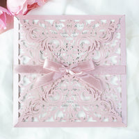 Lace Misty Rose Square Elegant Wedding Invitations with Ribbon