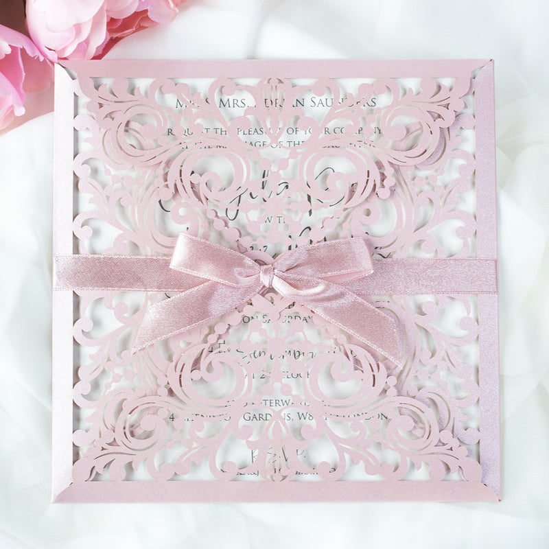 Lace Misty Rose Square Elegant Wedding Invitations with Ribbon