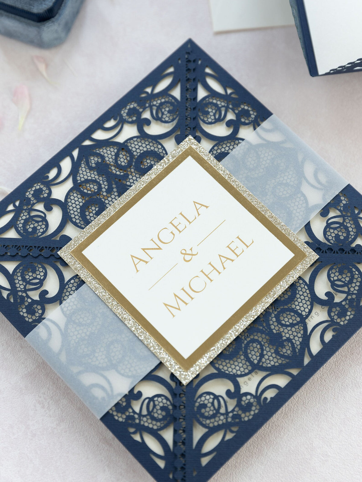 Navy Blue Elegant Wedding Invitations with Cream Insert and Gold Glitter