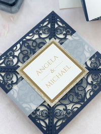 Navy Blue Elegant Wedding Invitations with Cream Insert and Gold Glitter
