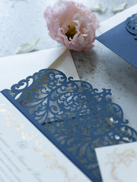 Royal Blue Laser Cut Pocket Wedding Invitations Gold Foiled Insert