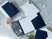 Navy Blue Pocketfold Elegant Lace Floral Wedding Invitations