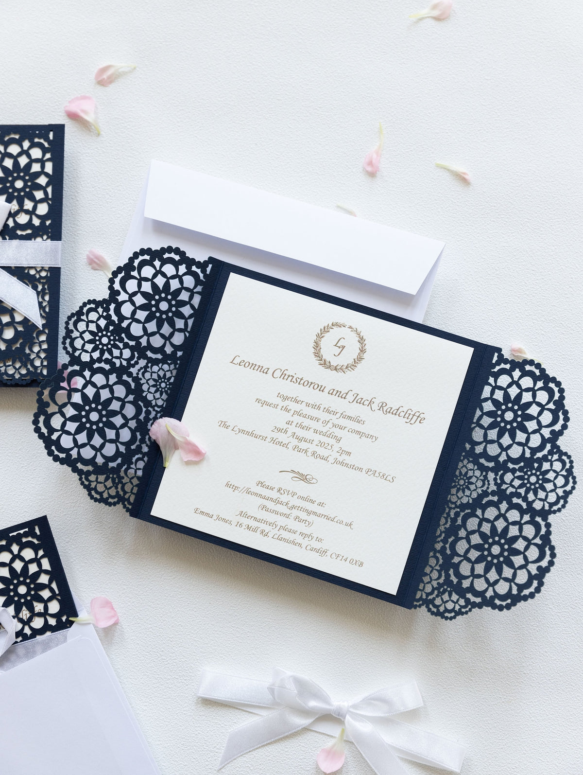 Elegant Navy Blue Wedding Invitations - Laser cut Floral Invitation with Cream Insert